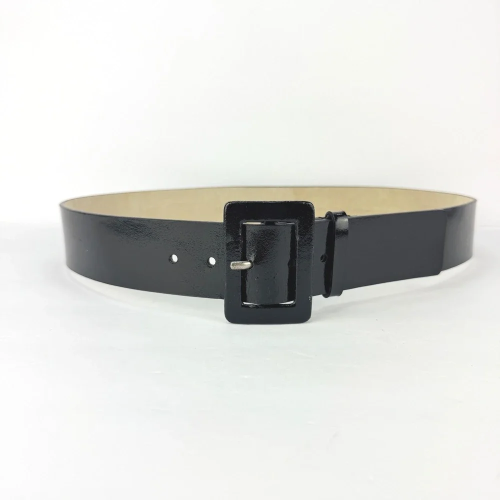 VTG RETRO Wide Nine West M Black Patent Leather Square Buckle Women Belt